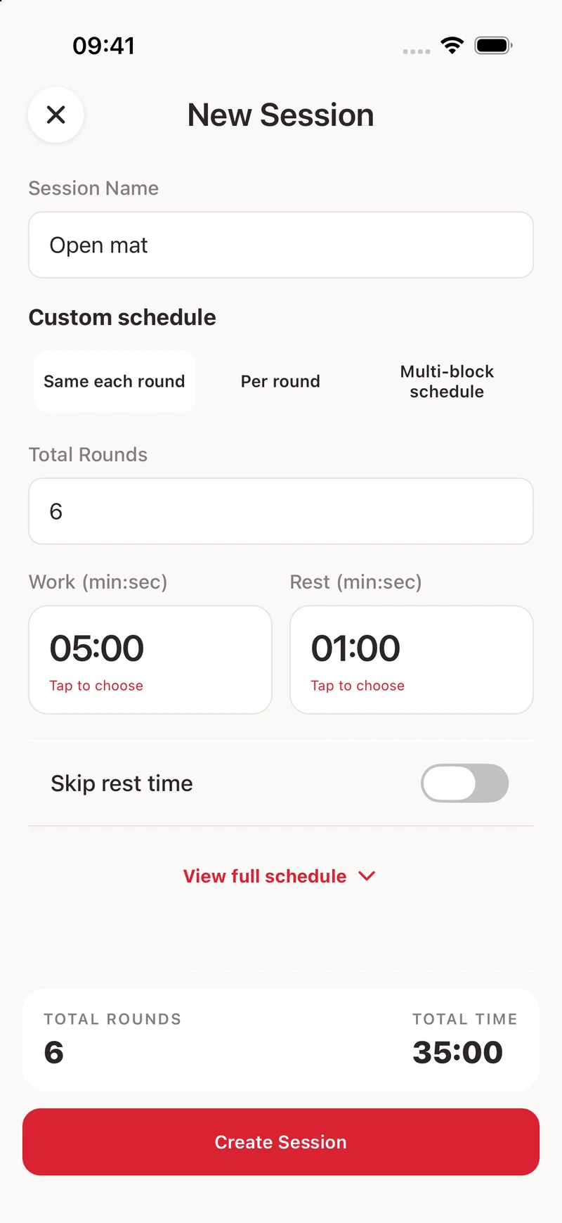 Session builder with round and rest settings